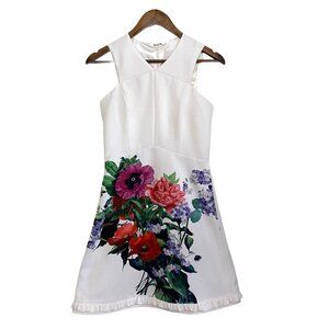 Mikael Aghal NWT Ivory Textured Floral Ruffle Hem Sleeveless Fit & Flare Dress